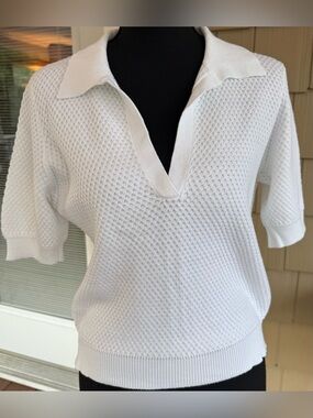 Autumn Cashmere White Cotton Knit Polo Top S Textured Short Sleeve Sweater